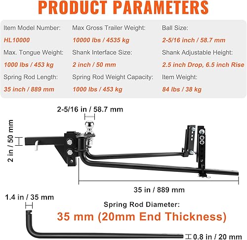 Miniatura 7 de VEVOR - Enganche de distribución de peso de remolque (1,000 lb) con control de balanceo, vástago de acero de 2 pulgadas, bola de aleación de acero