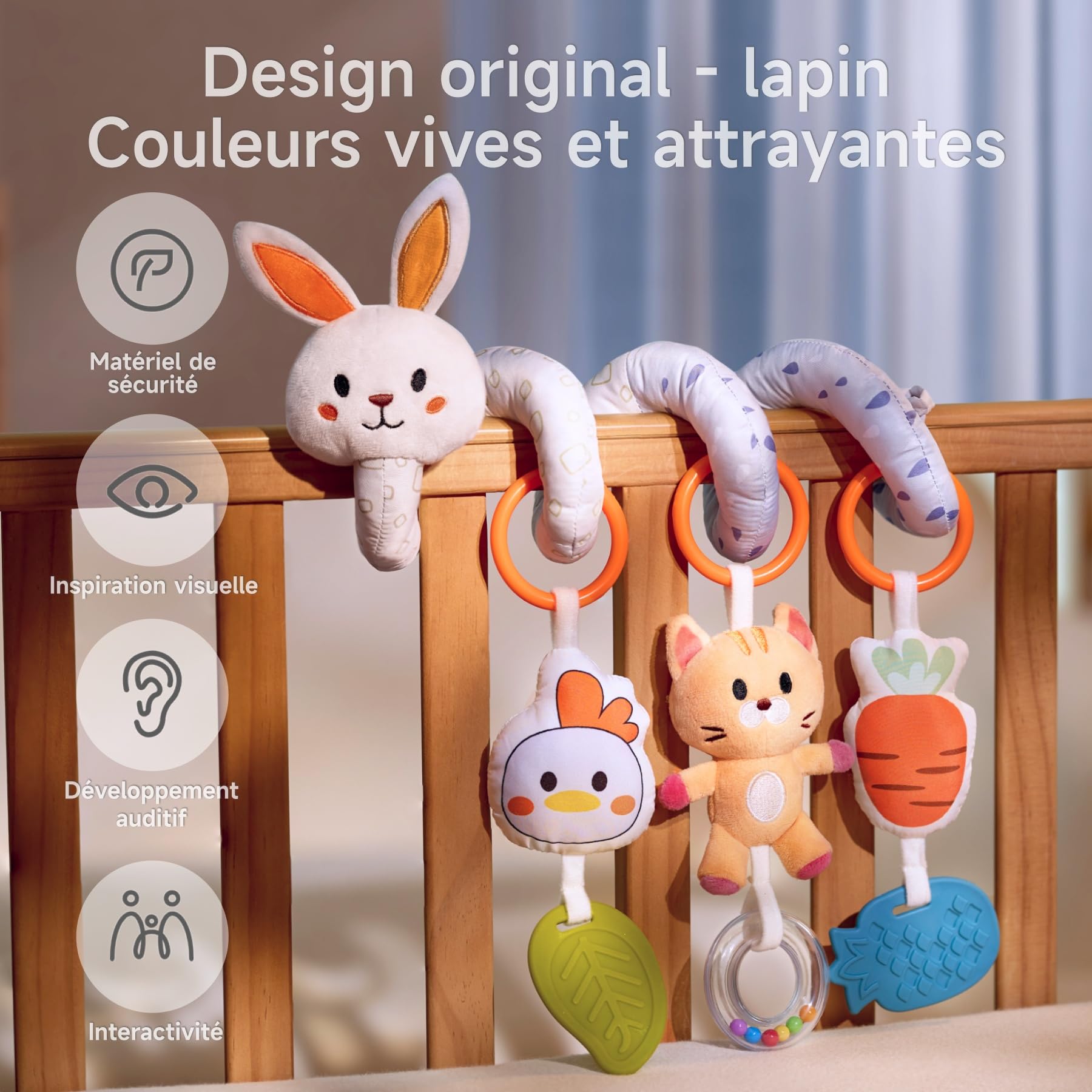 TUMAMA Kids Spirale d'activité bébé, Jouet Bebe 0 3 6 Mois, Cadeau Naissance, Poussette Bebe Jouet Fille, Jouet Voiture Bebe - Lapin