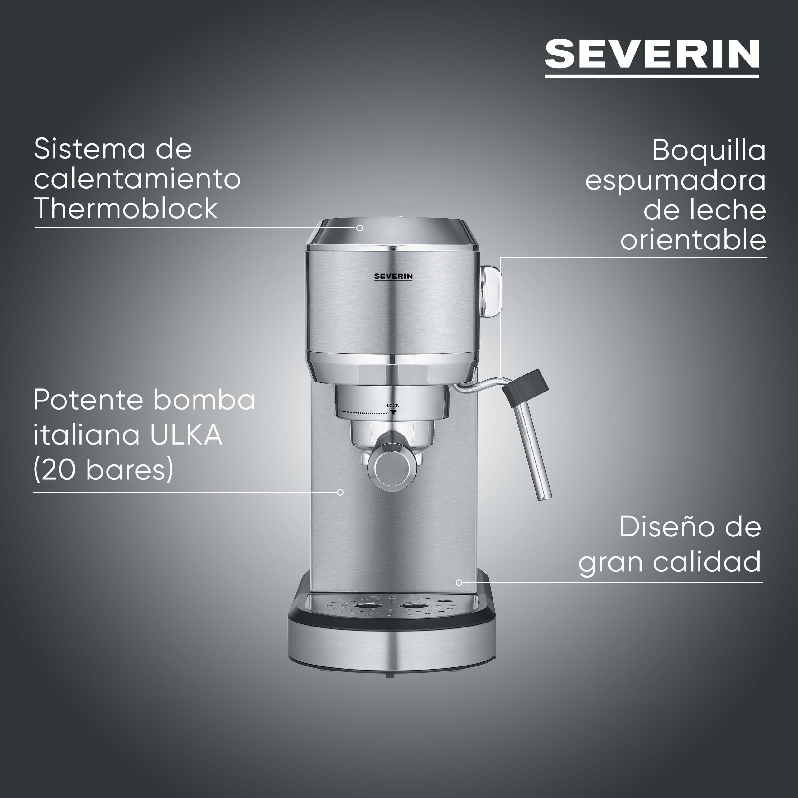 SEVERIN Cafetera espresso ‘Newspresa’, bomba ULKA de 20 bares, boquilla para espumar leche, depósito de agua de 1 litro, para una o dos tazas, color plata, acero inoxidable, 1350 W, KA 5997