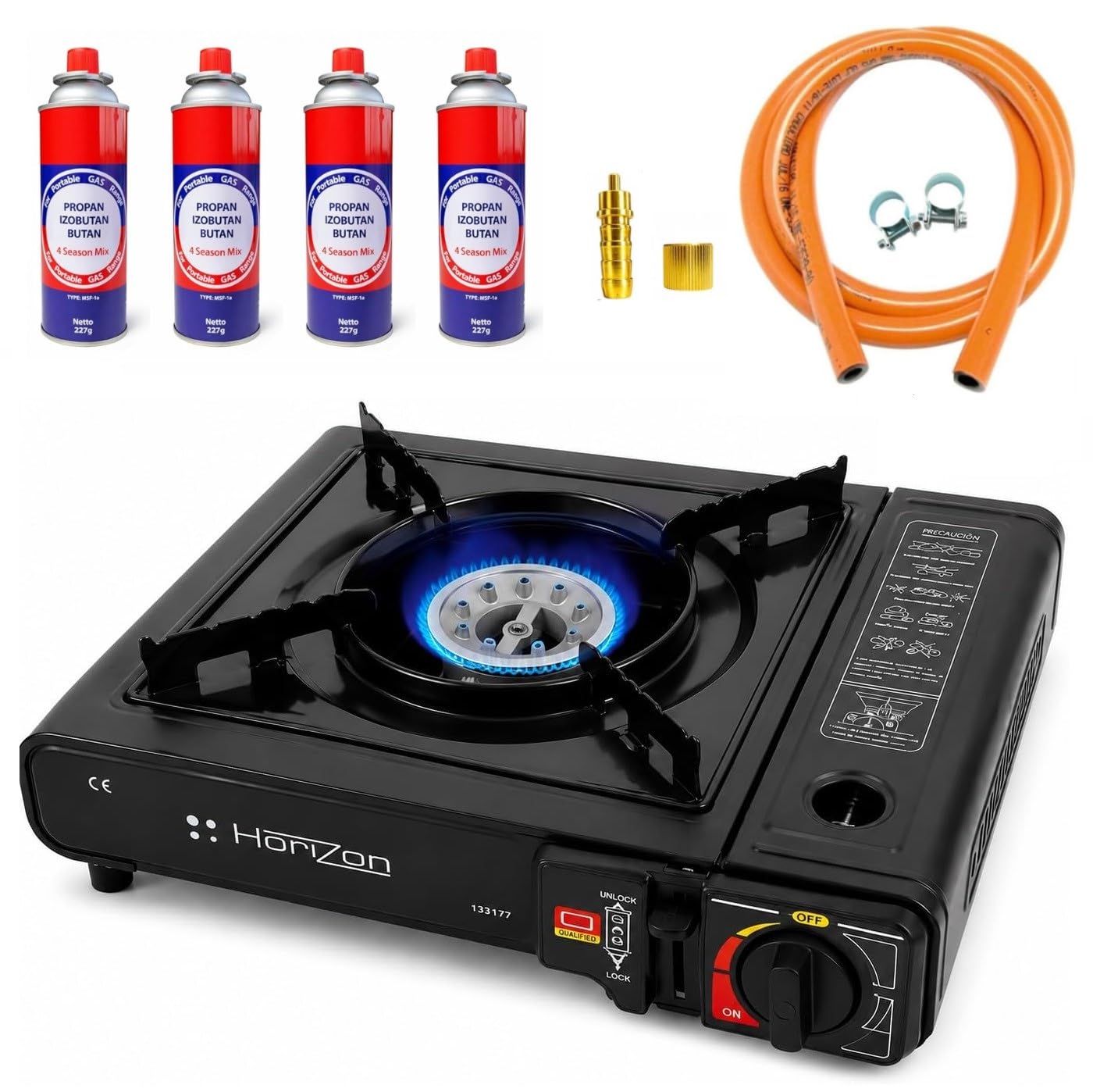 Hornillo Camping Gas Portatil, Adaptador de Bombona, Cocina Portátil, Infernillo, Fogareiro (Hornillo + 4 Botellas + Manguera + Adaptador de Bombona)