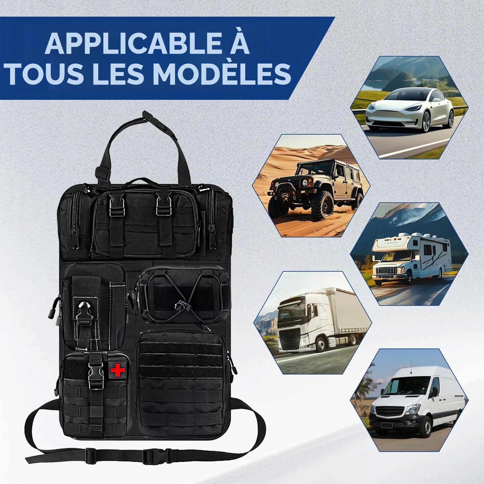 Organiseur tactique pour siège de voiture avec 5 sacs amovibles, protection de dossier de voiture Oxford 600D imperméable pour la plupart des véhicules, SUV, camion, pick-up