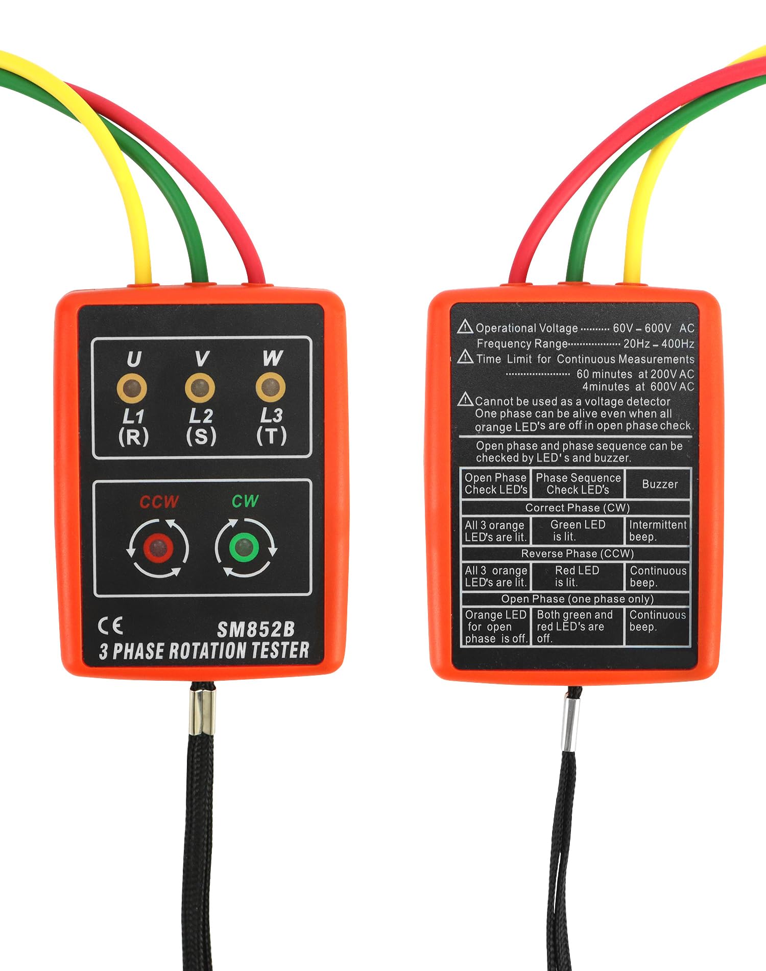 QWORK® Probador de fase, dispositivo de medición de campo giratorio para 3 fases, 60 V ~ 600 V CA, 20-400 Hz, con probador de zumbador y pinzas de cocodrilo