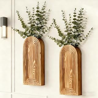 Snrqi 2 Pack Boho Wooden Wall Vase Set - Hanging Planters for Dried Flowers, Indoor Plants, Farmhouse Wall Decor (Brown)