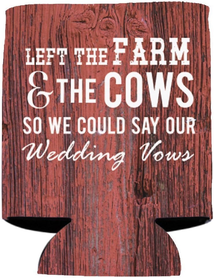 VictoryStore Custom Wedding Can Coolers – “Left the Farm and Cows” Design – Set of 150 Personalized Barn-Themed Drink Sleeves – Fits 12 oz Cans & Bottles – Rustic Wedding Favors – Made in USA