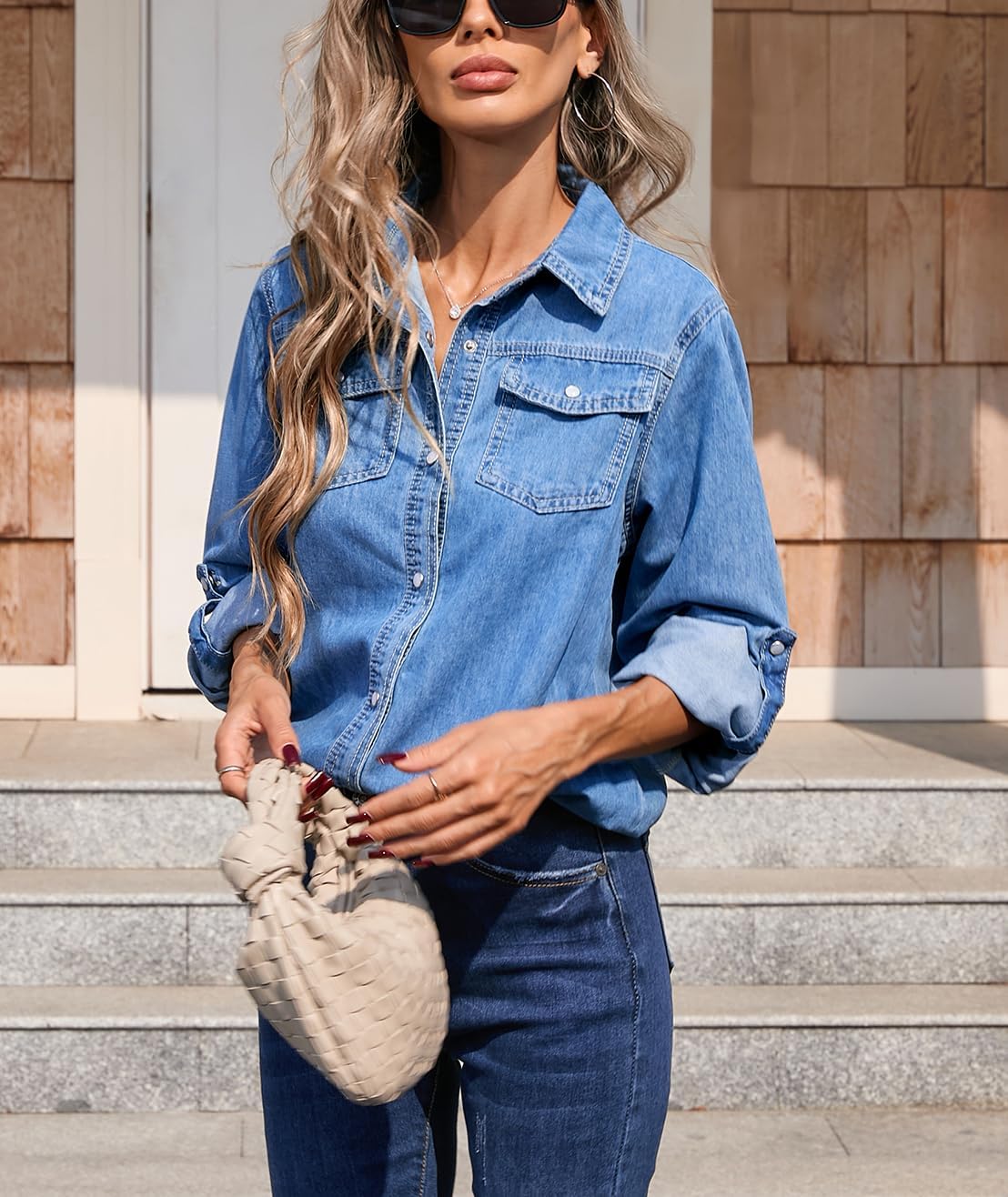 Kedera Womens Button Down Denim Shirt Long Sleeve Roll Up Boyfriend Jean Jacket Shacket