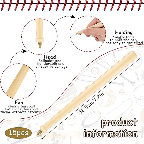 Miniatura 2 de Zonon 15 bolígrafos de madera para bate de béisbol, tinta negra, bola marrón, bola de madera, bolígrafos de escritura de bate de béisbol, fiesta de