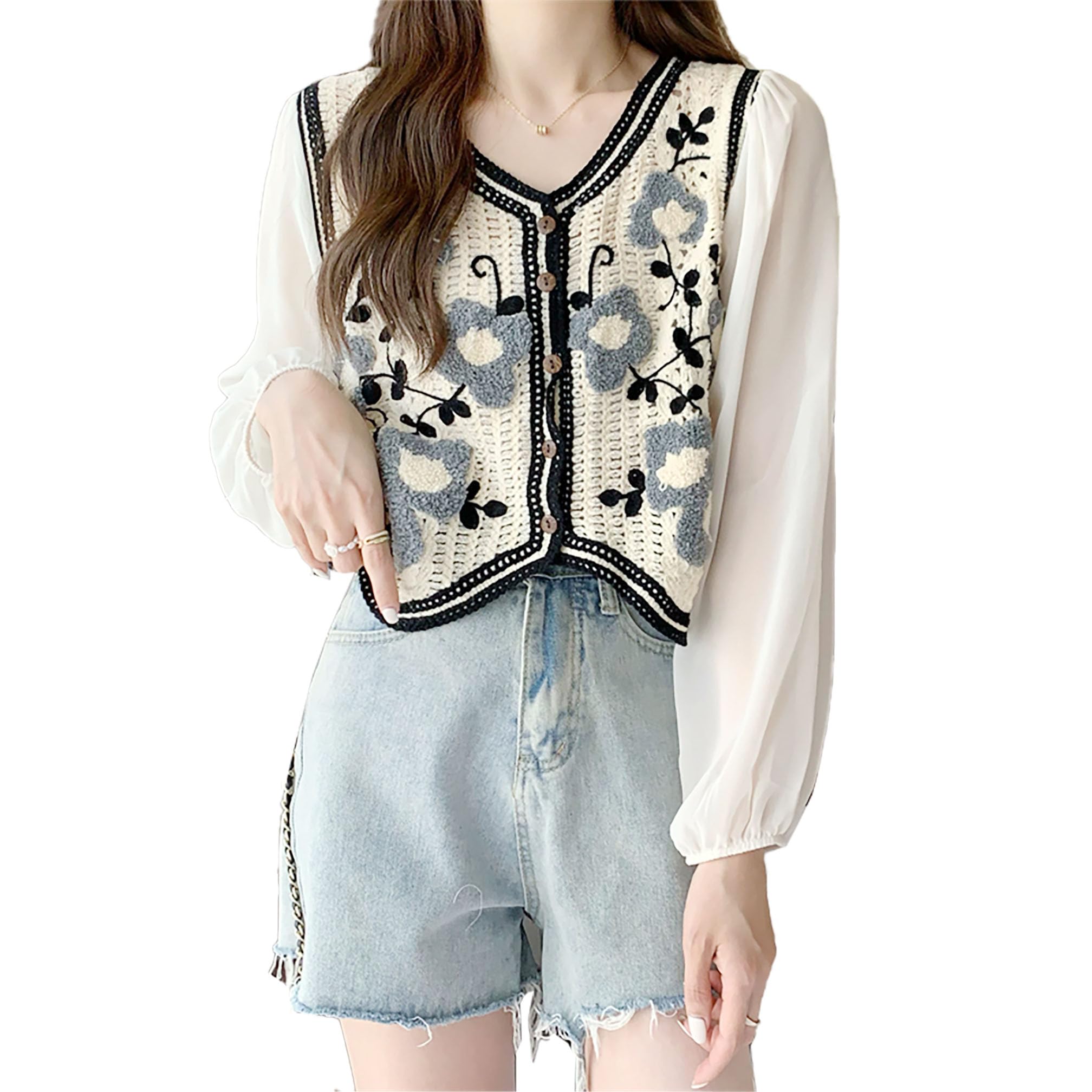 Women's Boho Knit V-Neck Crochet Hollow Out Puff Sleeve Button Up Crop Top Shirt (One Size Fit Bust 30-34 Inch)