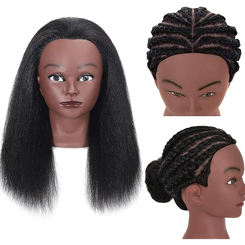 100% Real Hair Mannequin Head Training Head Manikin Cosmetology Doll Head for Hairdresser Practice Braiding Hair Styling with Clamp stand (14 inch, black)
