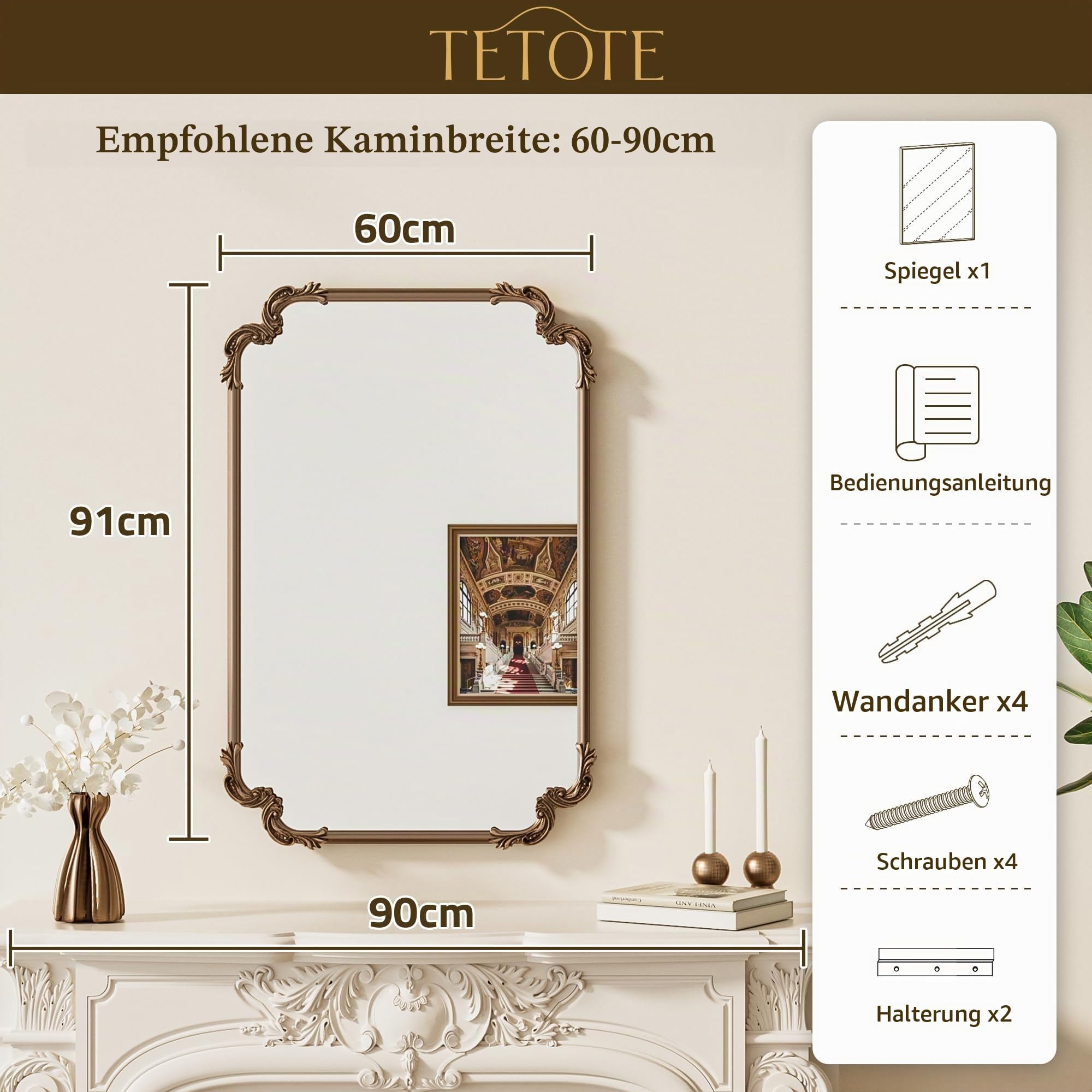 TETOTE Gold Vintage Spiegel - 60x90cm Goldener Vintage Wandspiegel - Barock Spiegel mit Gold Rahmen & Gehärtetem Sicherheitsglas - Horizontal & Vertikal Montage für Flur Bad Wohnzimmer