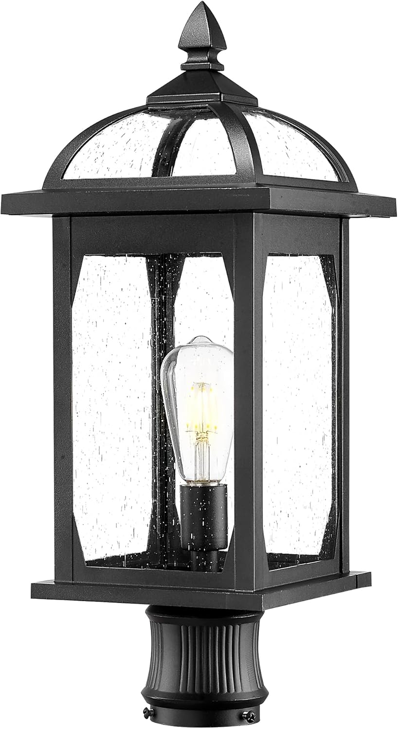 zeyu Large Outdoor Post Light, 22 Inch Exterior Pole Lantern, Lamp Post Light Fixture for Garage Patio, Die-Cast Aluminum in Black Finish, Seeded Glass Shade, ZD100P-M BK