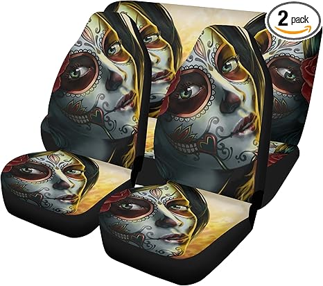 Mexican Sugar Skull Car Seat Covers Glitter Car Mats Dia de Los Muertos Candy Skull Universal Car Seat Cover, Cute Festival Car Mat, Boho Auto Interior Set (4pcs Front+Back mats)