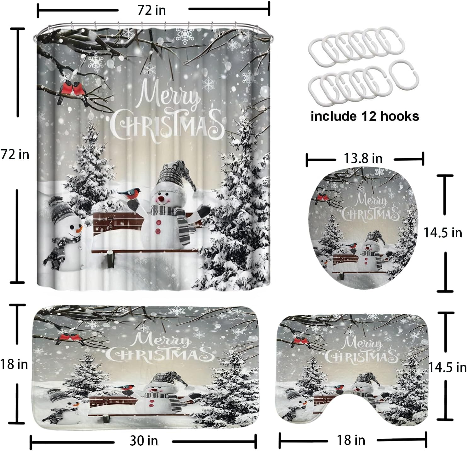 4 Pcs Merry Christmas Winter Snowman Shower Curtain Set with Non-Slip Rugs, Xmas Tree Cardinal Bird Snowflake Holiday Bathroom Decor with Hooks 72 x 72 Inches