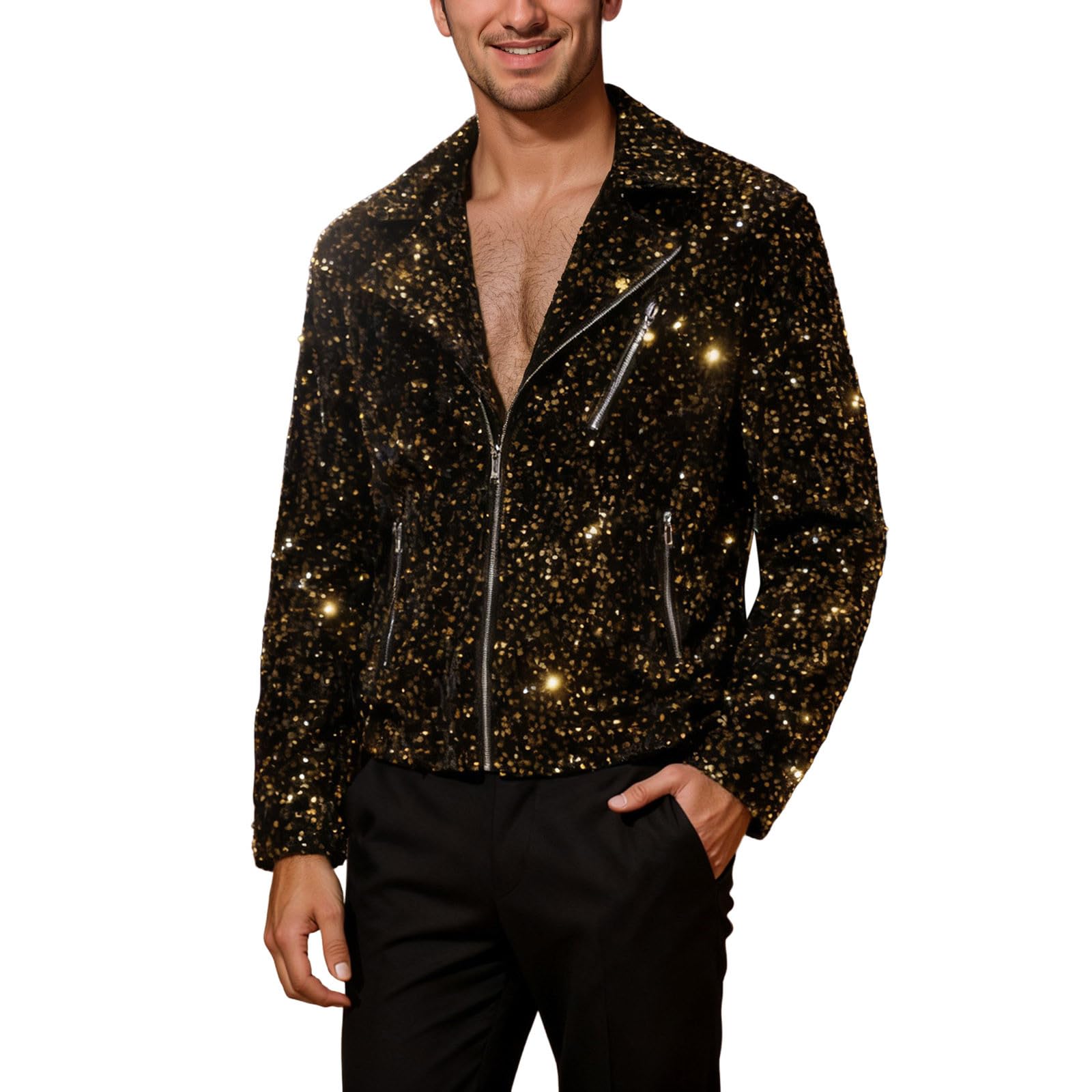 Générique Giacca da uomo Mi Staison – Giacca da uomo Primavera Estate Stile elegante con paillette, scollo a petto, tessuto velluto glitterato lucido, per la sera, spettacoli ed eventi festivi