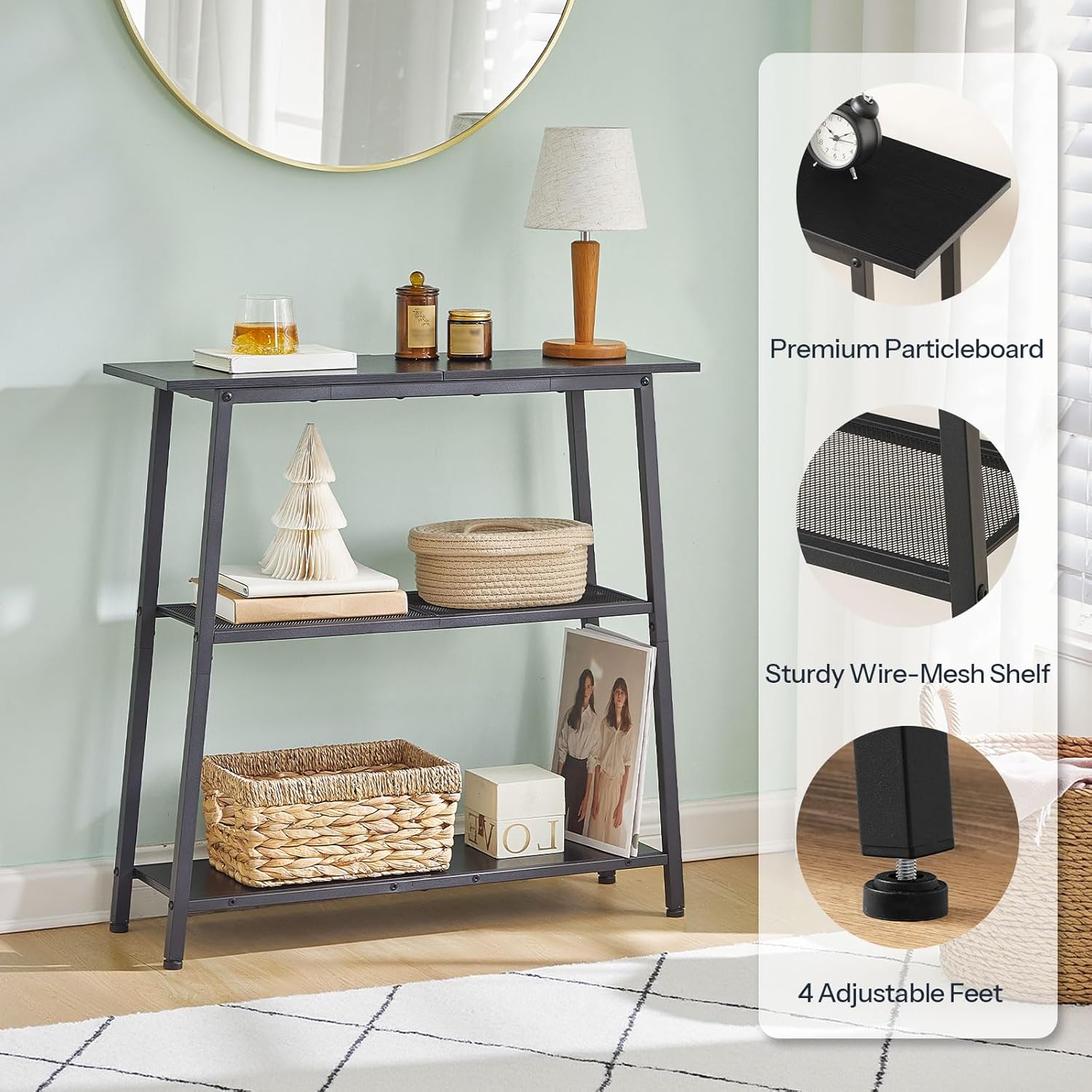 HOOBRO 30" Narrow Console Table, 3-Tier Small Entryway Table with Storage Shelves, Behind Couch Sofa Table, Hallway Table for Entryway, Foyer, Hallway, Living Room, Black BB62XG01