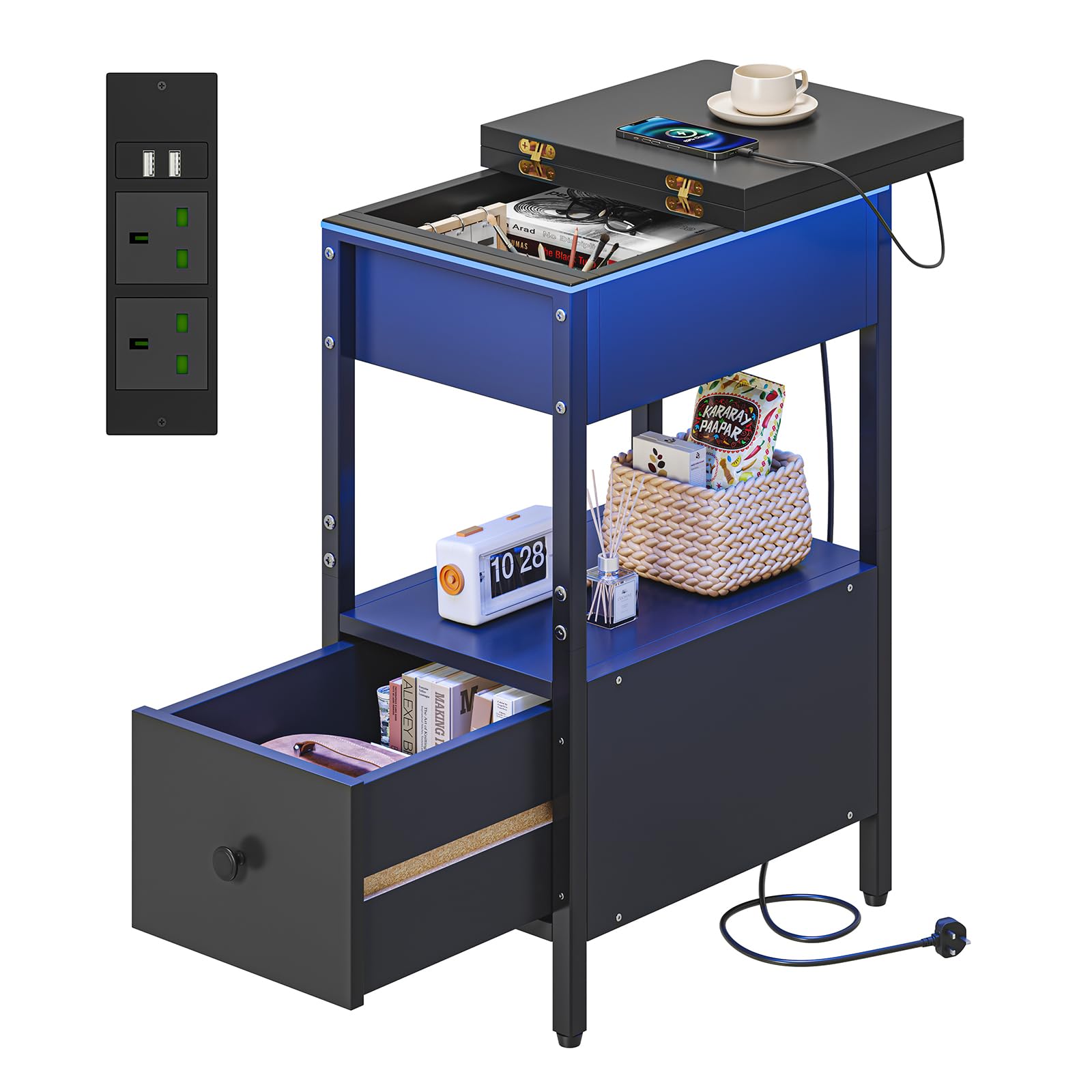 Dripex Slim 30cm Side Table, Narrow Bedside Table with Charging Station, Strip Light, Flip-Up Tabletop, Wooden Drawer, LED Compact Black Cabinet Perfect for Small Space