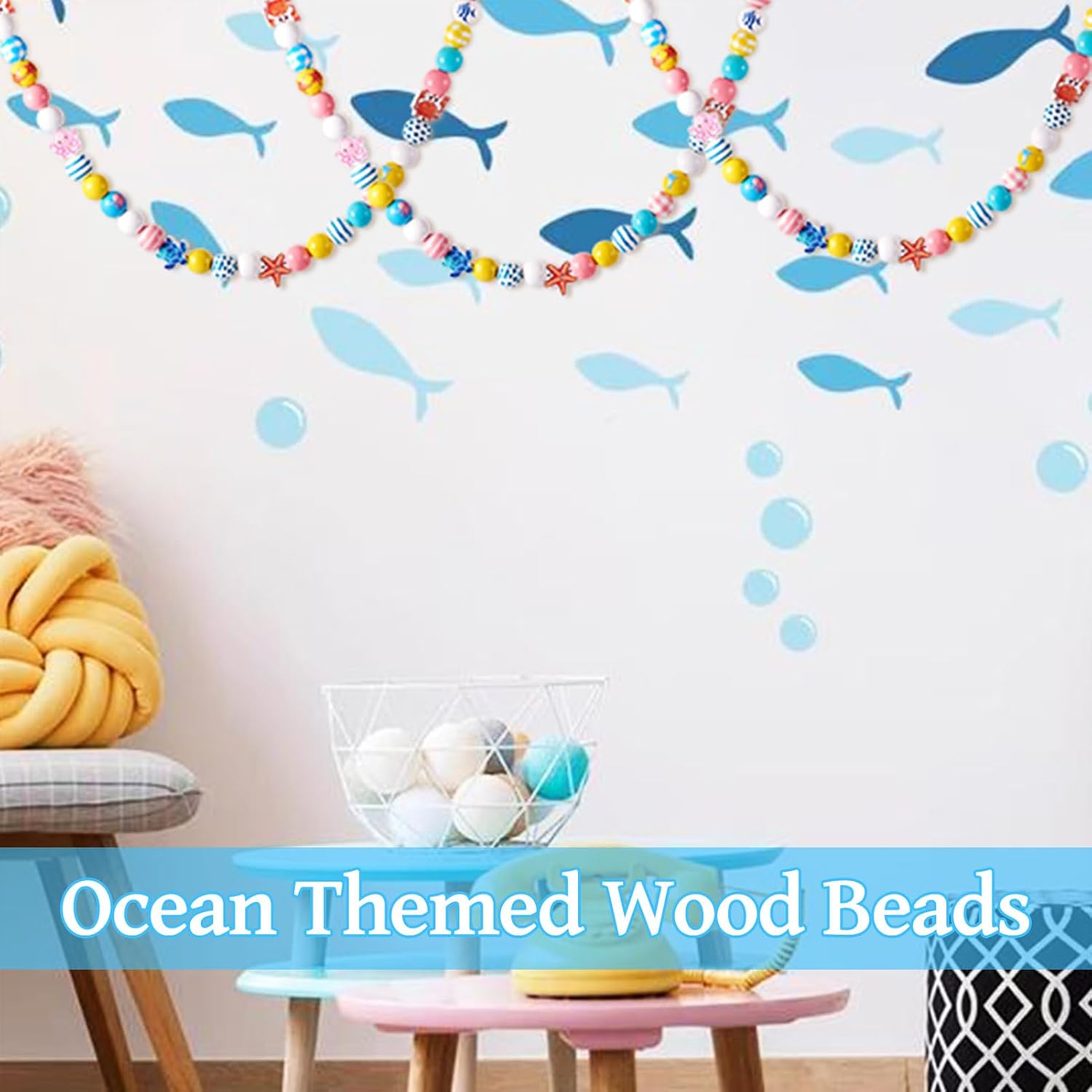 Beadthoven 243pcs Sea Ocean Wood Beads for Crafts 16mm Round Wooden Craft Beads Starfish Turtle Spacers Polished Wooden Beads Colorful Hawaii Beads for Summer Beach Party Decor Garland Jewelry DIY