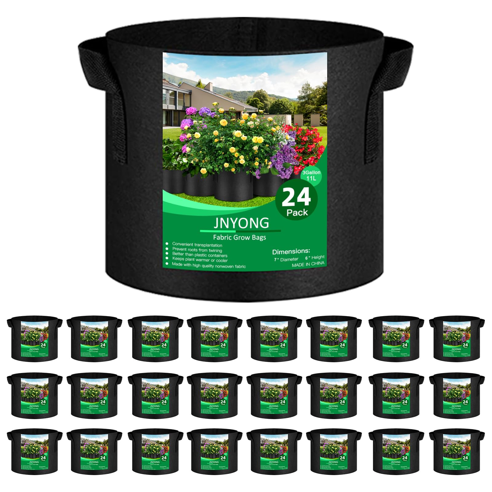 - JNYONG 24-Pack 3 Gallon Thickened Non-Woven Grow Bags, Aeration Fabric Pots with Handles