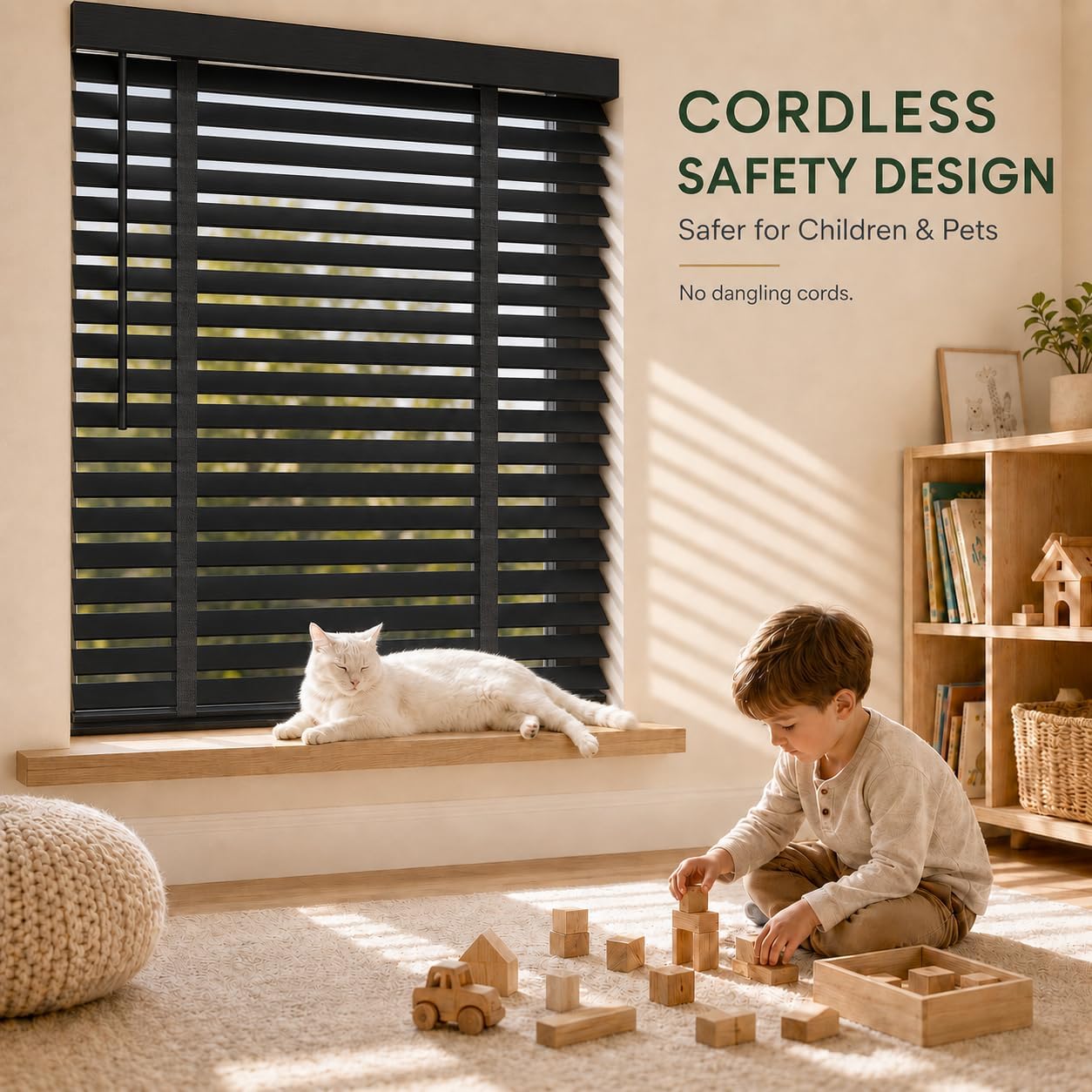 2" Cordless Wood Blinds for Indoor Windows, Window Blinds Cordless for Home, Venetian Blackout Blinds & Shades for Bedroom, Kitchen, Room Darkening Privacy, Black, 32" W x 36" H