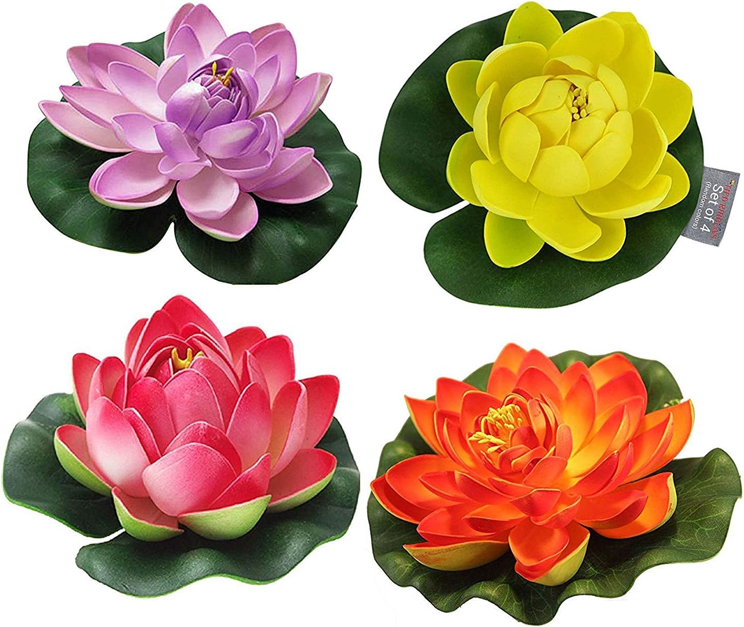 TIED RIBBONS Set of 4 Artificial Floating Lotus Flowers with Rubber Leaf - (Multicolor)