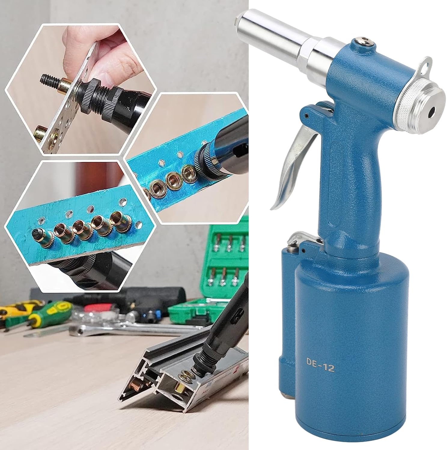 Pneumatic Rivet Gun Air Hydraulic Riveter Tool - 5/32in, 3/16in, 1/8in, 3/32in
