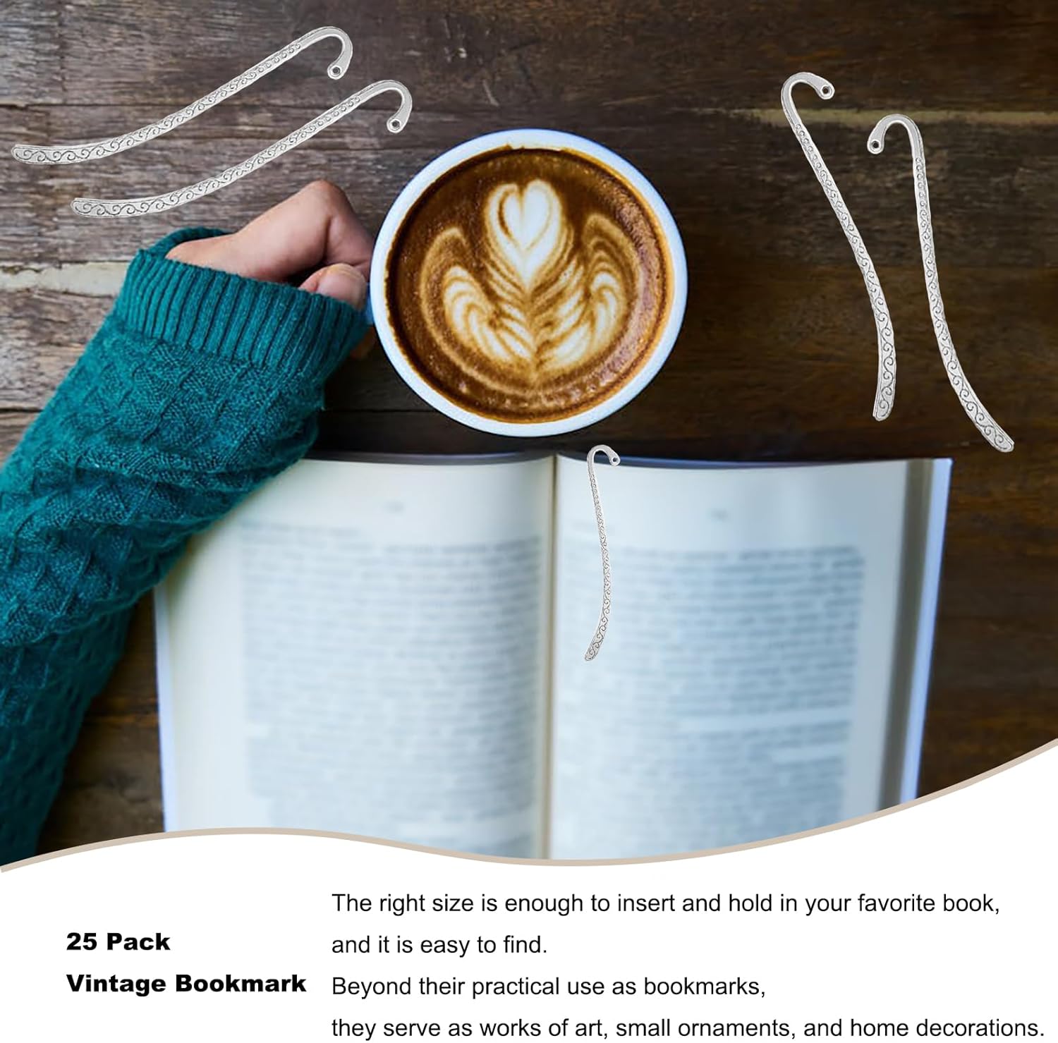 25 Pack Metal Bookmark Hairpin Hook Antique Vintage Bookmark Silver Carved Hook Bookmarks with Loop for Crafting, Book Lovers Unique Gift(Silver) - Image 6