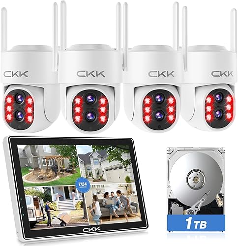 Wi-Fi dual, lente dual de 2MP+2MP Sistema de cámara de seguridad 2K con doble lente para exteriores, con monitor LCD de 10 pulgadas, 4 cámaras PTZ