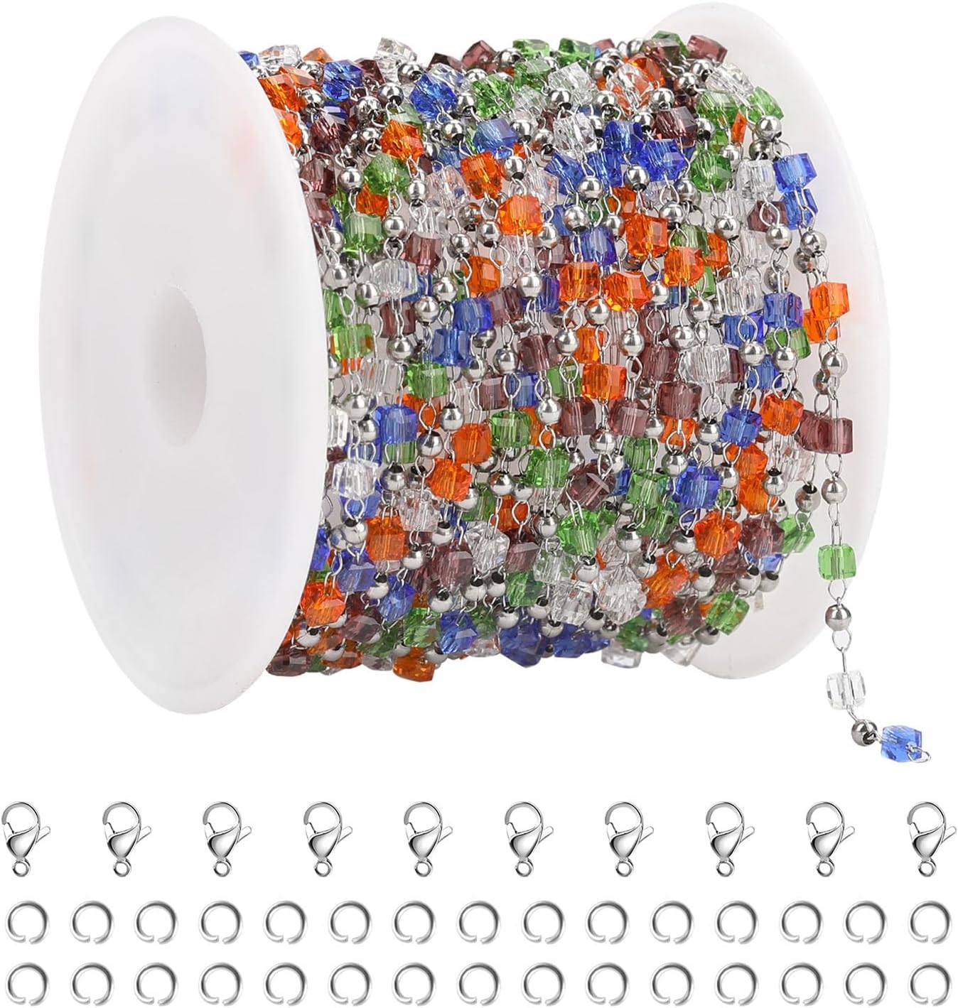 KYUNHOO 16.4 Feet Multicolored Bead Link Chain Spool Thin Cable Chain Roll Stainless Steel Craft Chains for Jewelry Making with Lobster Clasps and Jump Rings