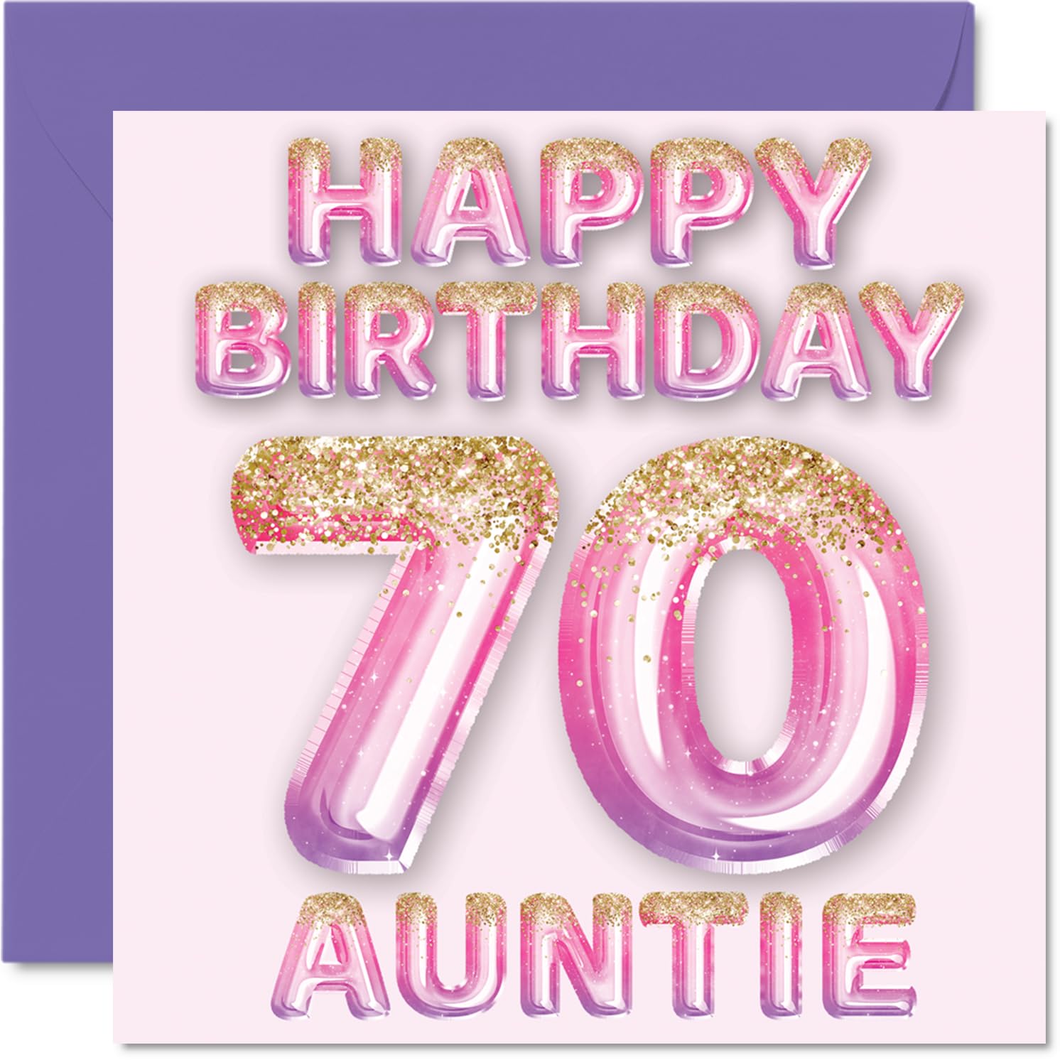 70th Birthday Card for Auntie - Pink & Purple Glitter Balloons - Happy Birthday Cards for 70 Year Old Aunt Aunty from Nephew Niece, 145mm Bday Greeting Cards Gift