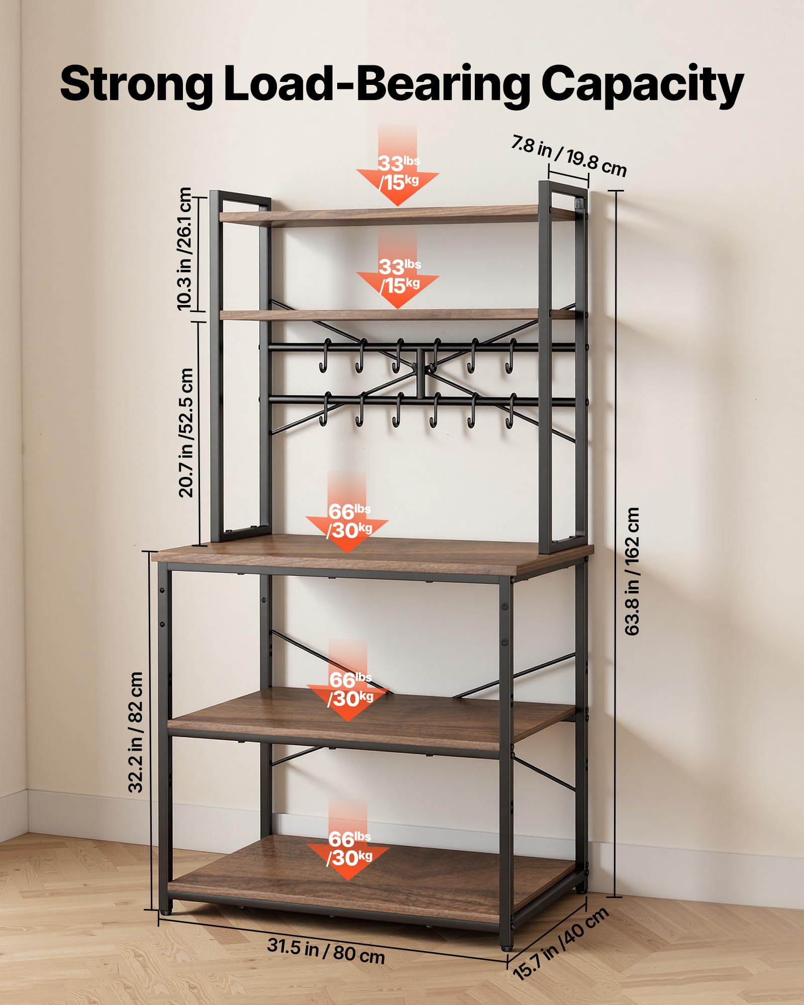 VEVOR Estante para Panaderos de Cocina de 5 Niveles, Estantería de Almacenamiento de Servicios 80 x 40 x 161,8 cm con 12 Ganchos en Forma de S, Estante con Soporte para Horno Microondas, Platos
