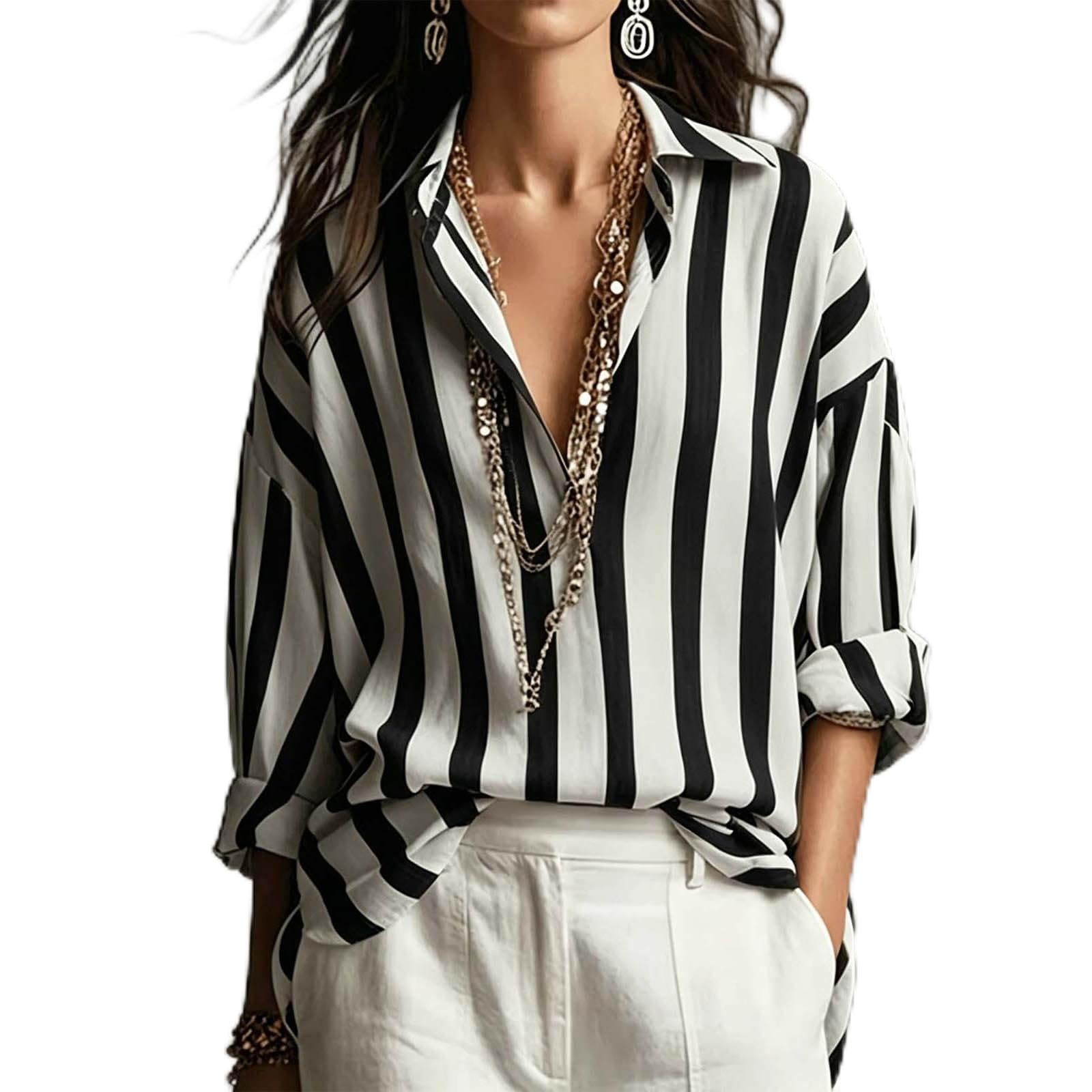 Camicetta da donna a maniche lunghe, a righe, da lavoro, con scollo a V, con bottoni, in lino, stile vintage, casual