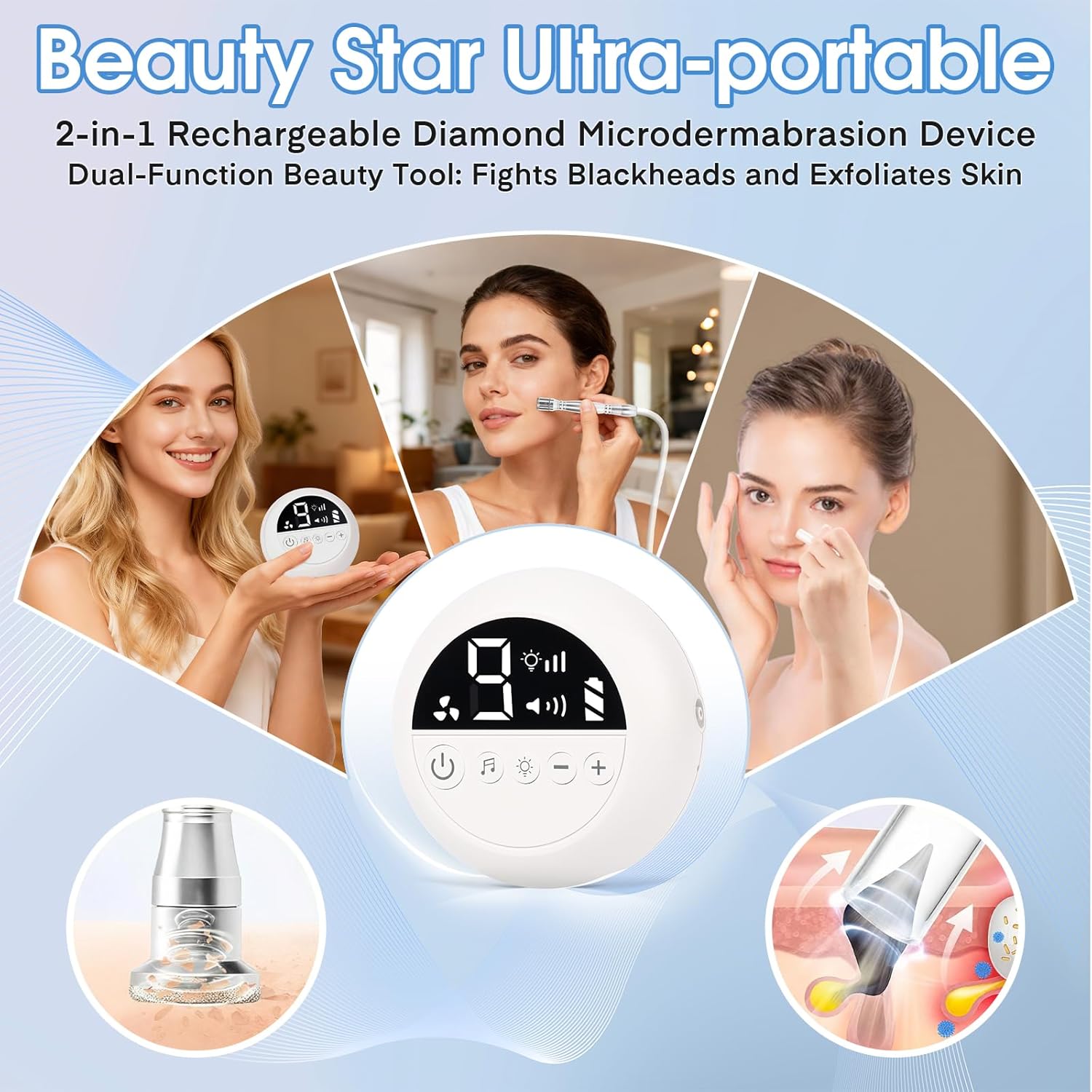 Pro Cordless Microdermabrasion Machine, Beauty Star Portable Facial Pore Vacuum Tool for Blackhead Removal, Glowing Skin, 3 Diamond Tips & 9-Setting Suction, Home and Salon Use - Image 2