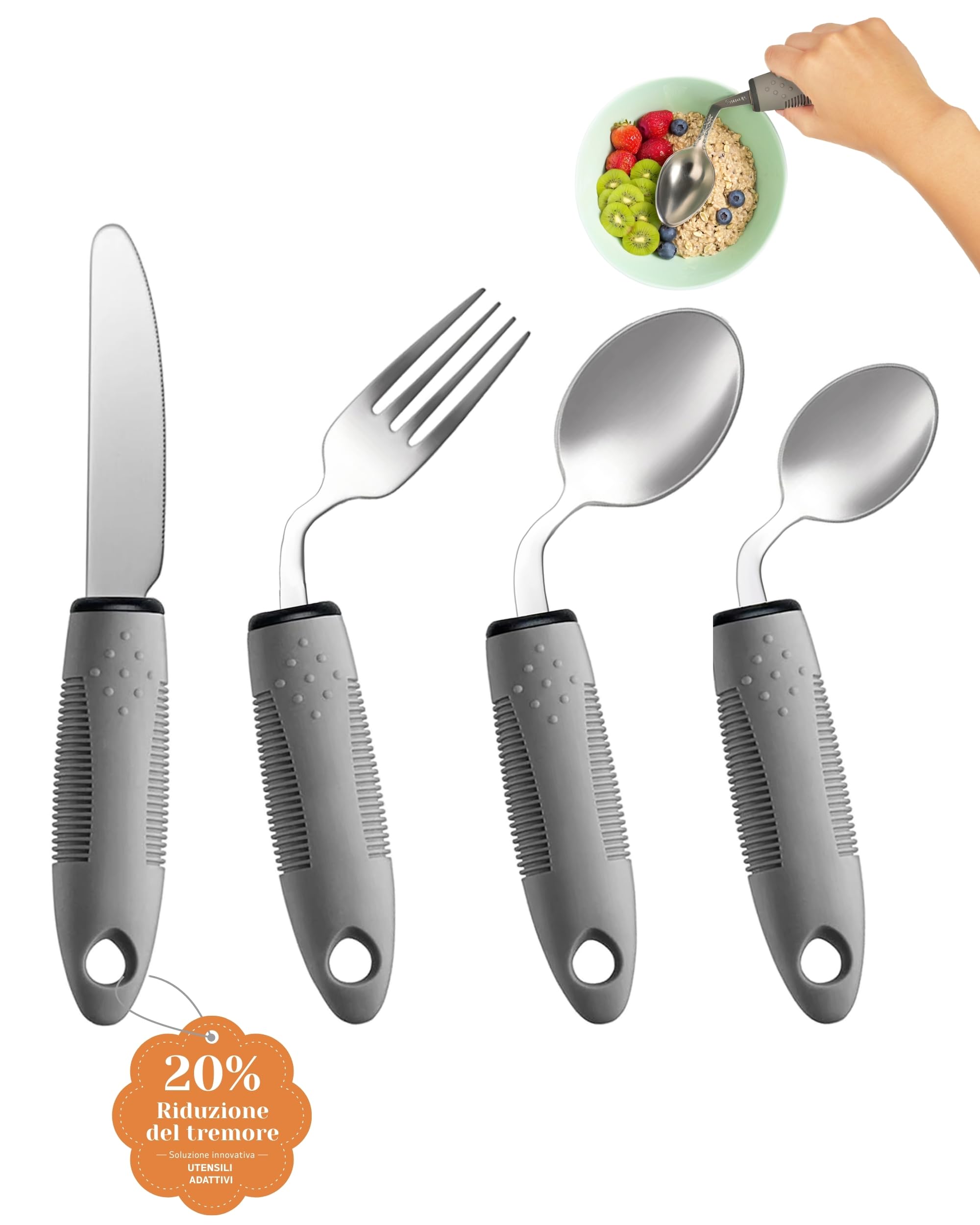 Set di Posate Adattive (4 pezzi) – Angolatura 42°, Posate ponderate da 85 g per Parkinson, tremori alle mani e artrite – Impugnatura ergonomica antiscivolo (mano sinistra)