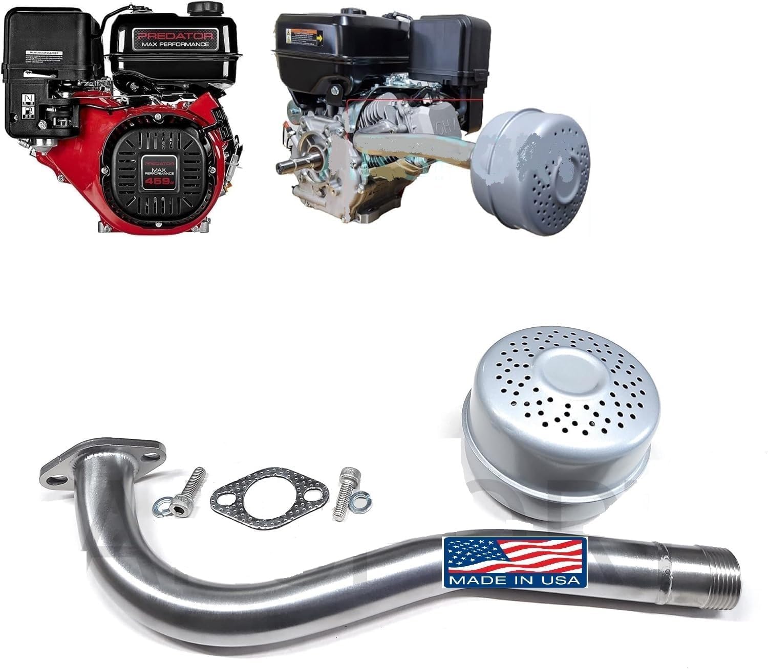 Exhaust Pipe & Muffler for: Predator 459 Max Performance, Duroma 18hp, 16hp, XP16HPE, XP18HPE Go Kart & mini bikes.