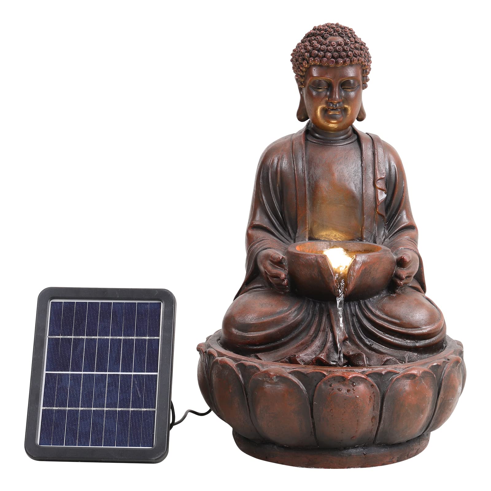 Warmiehomy Solar Water Features, Solar Powered Water Feature Buddha, Outdoor Water Features for the Garden with Solar Powered Pump & LED Lights, Zen Garden Fountains Water Fountain, Brown 48 CM