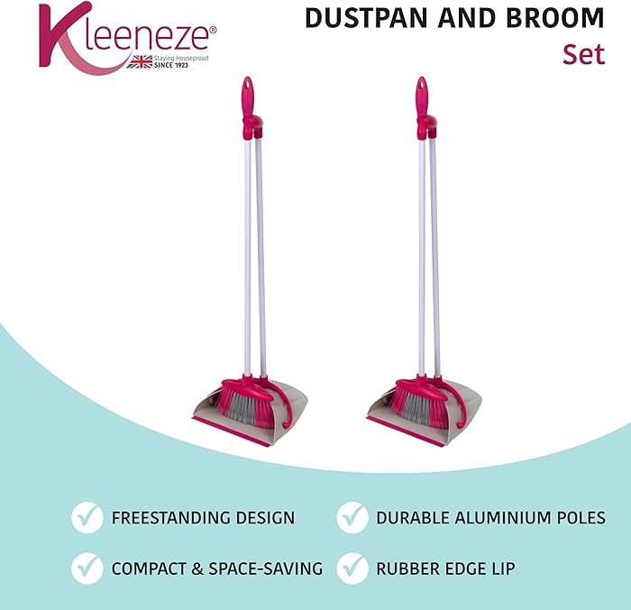 Kleeneze COMBO-5128 Self-Standing Long Handled Dustpan & Broom Brush Set, Set of 2, Compact & Space-Saving, Rubber Edge Lip To Collect Dirt, Dust & Pet Hair, Lightweight, Easy Grip, White/Pink : Amazon.co.uk: Grocery