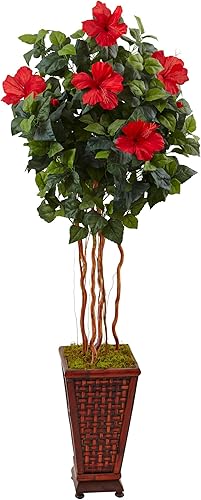 Nearly Natural Árbol artificial de hibisco de 5 pies en maceta de madera decorada