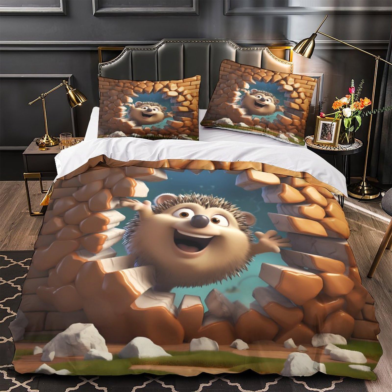 Idée Cadeau Enfant Housse de Couette Hérisson Mignon 3D Microfibre Douce 140x200