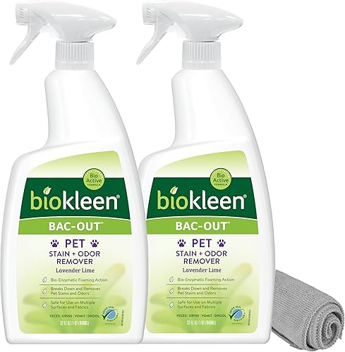 Biokleen Bac-Out - Eliminador de olores de orina para mascotas, espray de 32 onzas, paquete de 2 unidades, enzimático, natural, destruye manchas y