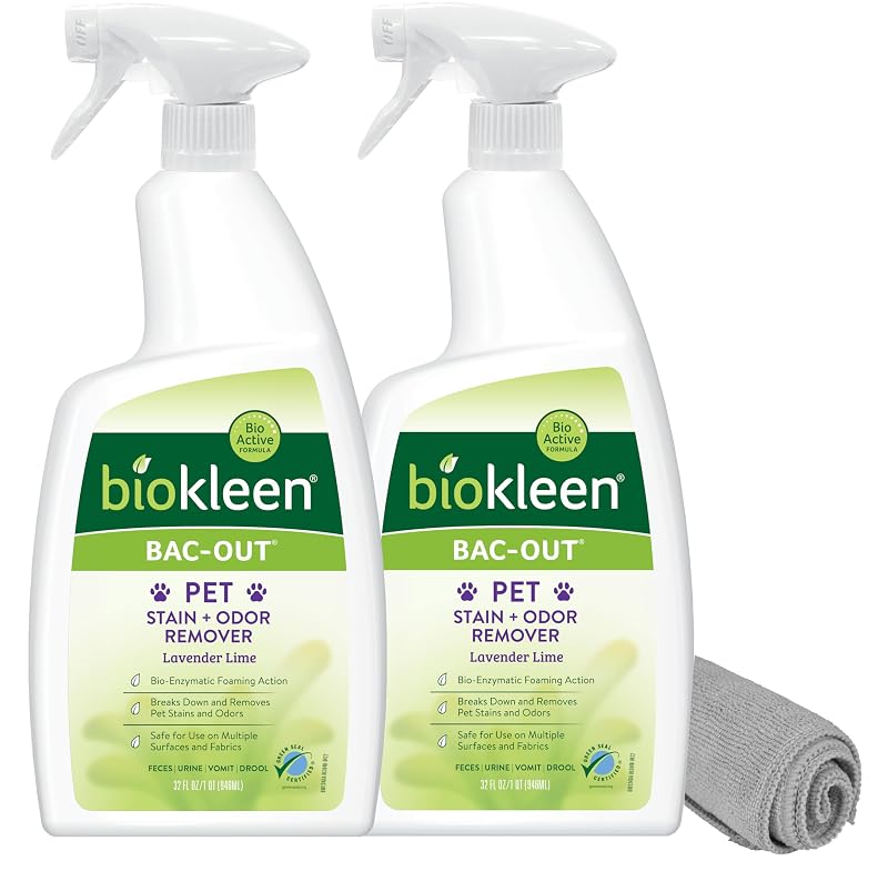 Removedor de odores e manchas de urina para cães e gatos Biokleen, spray enzimático 960 mL com toalha, Pacote com 2
