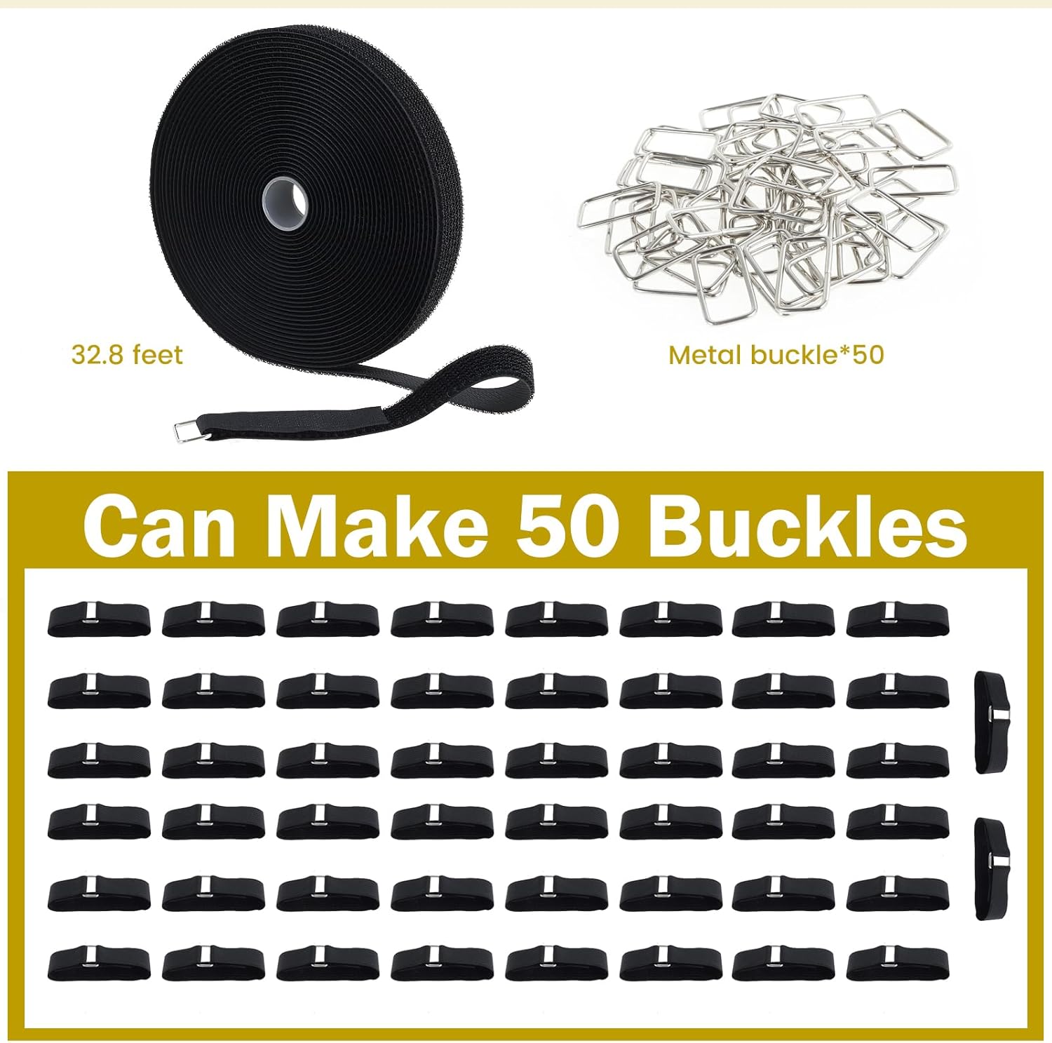3PCS 32.8ft Hook and Loop Tape Nylon Fastening Cable Straps Freely Cuttable Securing Cord Ties with 50Pcs Metal Buckles Strong Load Bearing Heavy Duty Adhesive Tape Firm Bonding for DIY