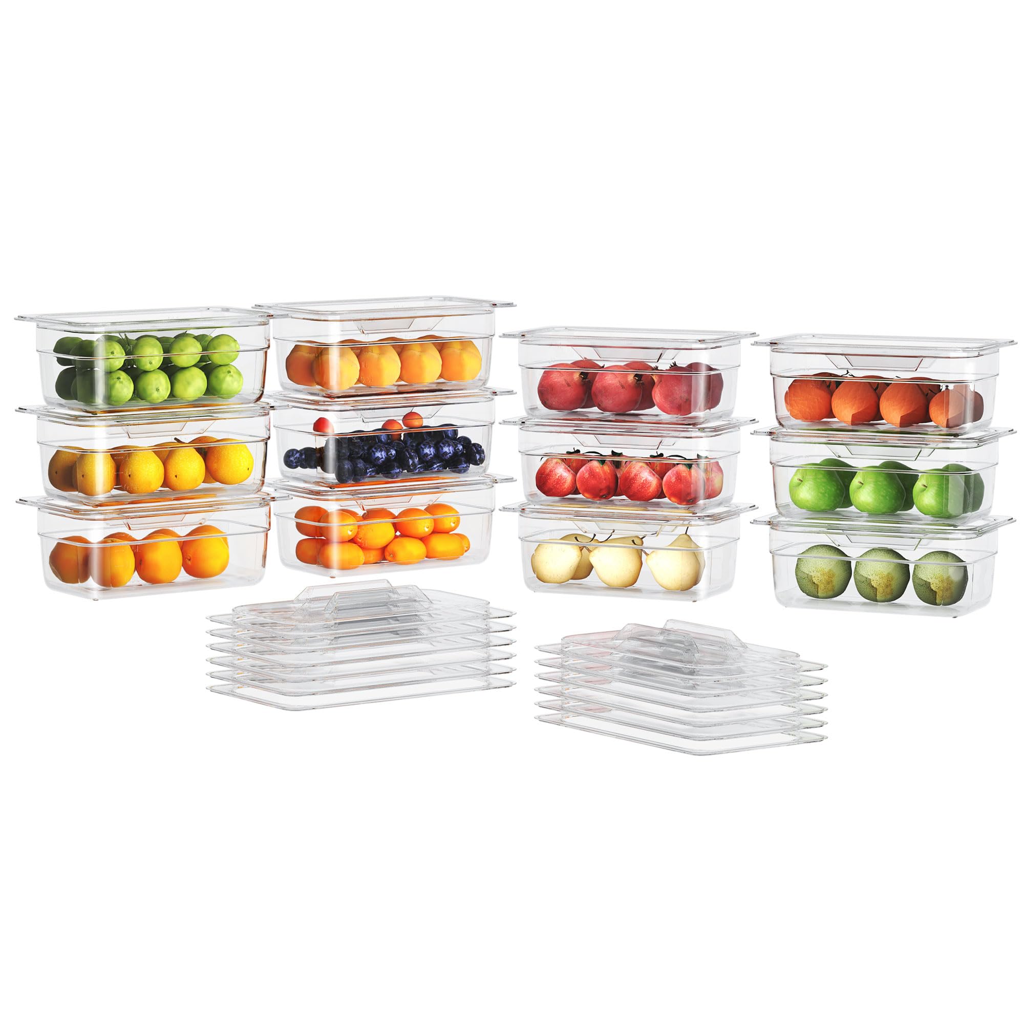 12 Pack Plastic Food Pan with Lid 1/4 Size 4 Inch Deep Restaurant Clear Food Storage Containers Polycarbonate Commercial Hotel Pans for Fruits Vegetables Beans Corns (12 PCS, 4'' Deep)