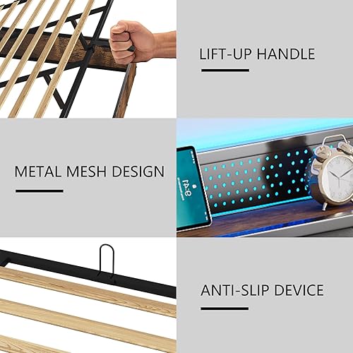 Miniatura 35 de Base de cama de almacenamiento elevable de tamaño matrimonial con luces LED, cabecera tapizada de lino con estación de carga, marco de cama de