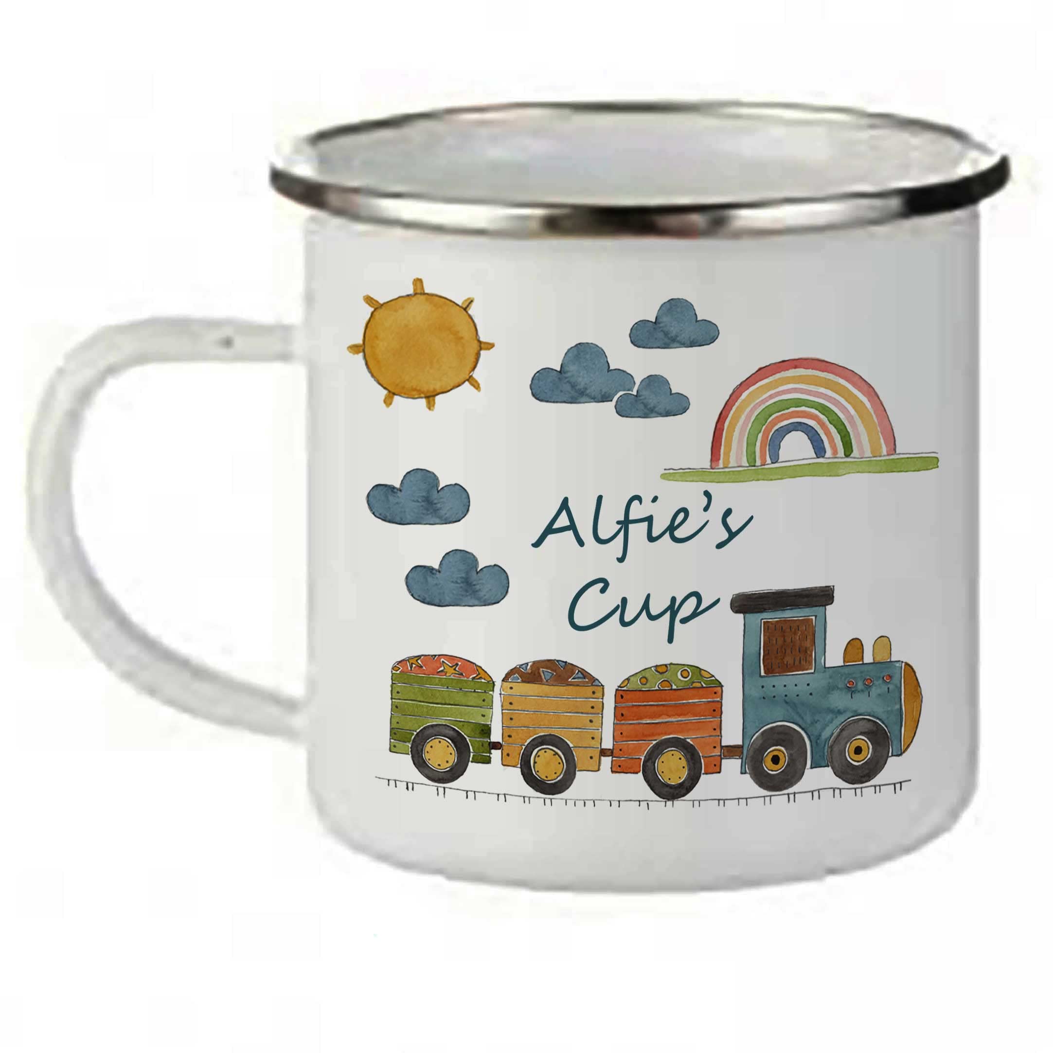 Tigerlilyprints Personalised Train Kids Camping Enamel Cup, Easter Gift, Birthday Gift Idea, Toddler Friends Mug Girl Boy Gift