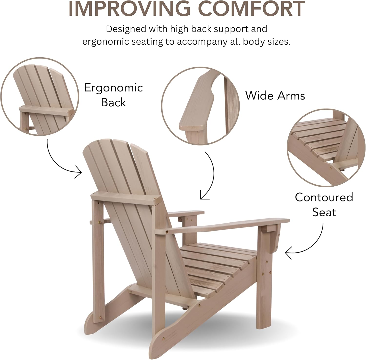 Shine Company Mid-Century Modern Wooden Adirondack Chair, Outdoor Patio Firepit Chairs, Back & Seat Pre-Assembled, Graystone