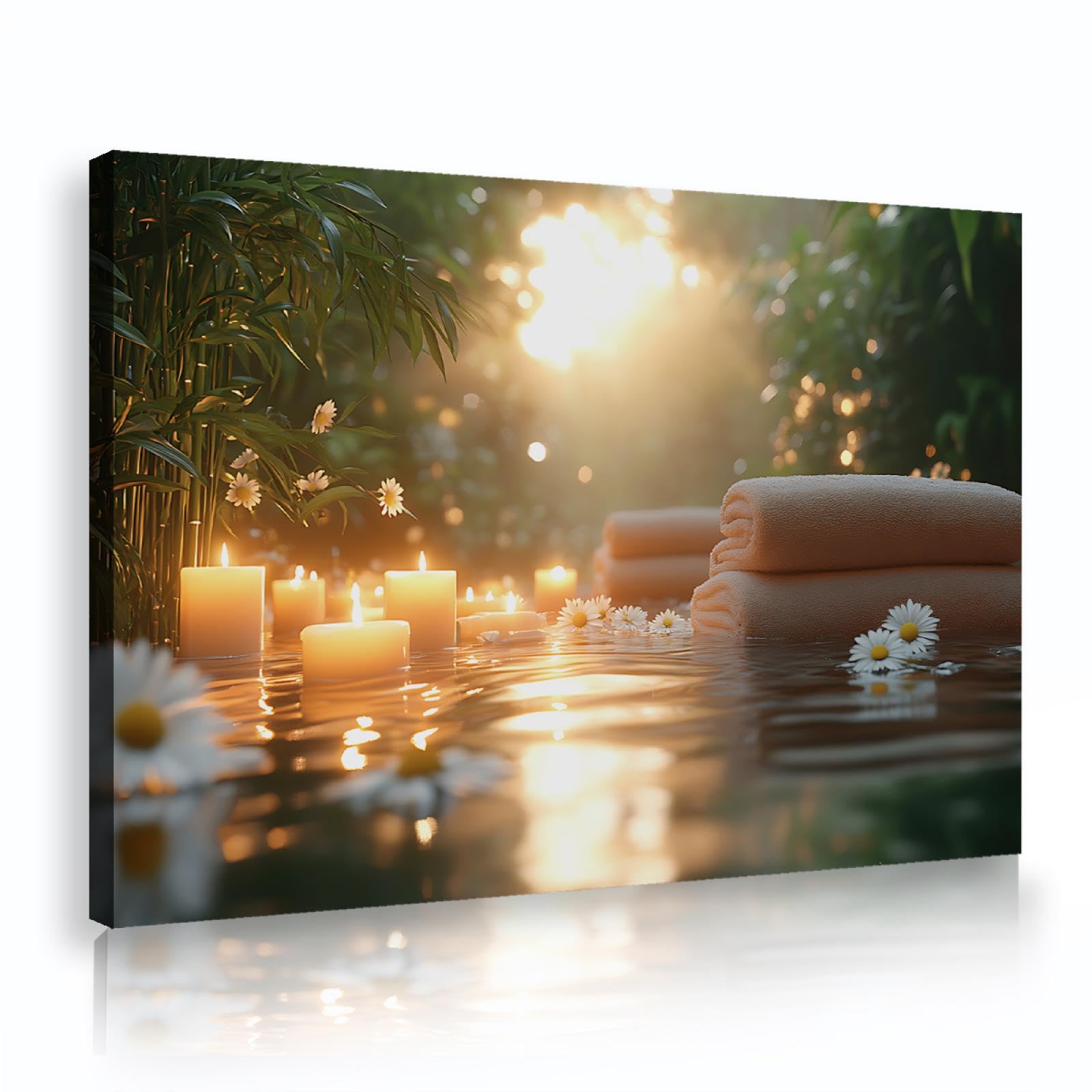 SHENGPOSTER Obrazy Na Płótnie Nowoczesne Boho Las Bamboo Las Spa Świeca Ręcznik Biały Daisy Wall Art Canvas Obraz Do Pokoju Salon Sypialnia Gotowy Do Zawieszenia 45 x 68 cm Wewnętrzna Rama