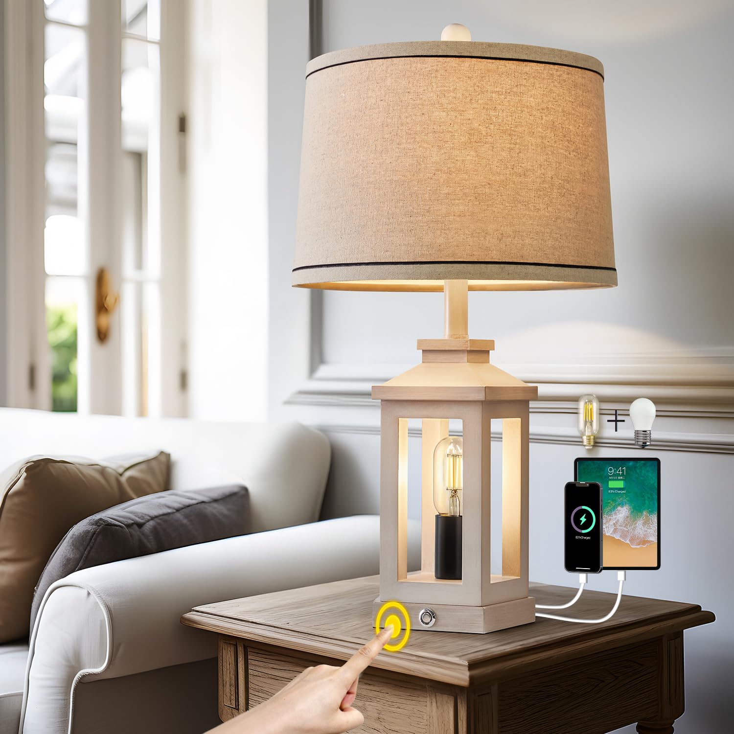 G-SAFAVA 23.75" Retro Farmhouse Black Table Lamp for Living Room Bedroom Nightstand Set of 2 Touch Control Bedside Nightlight Vintage Modern Lamp with USB C+A Ports and 2 Light Sources