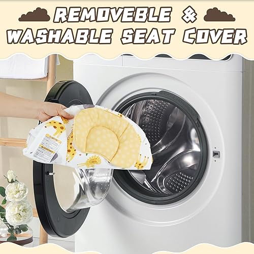 Miniatura 5 de Asiento portátil para bebé con 8 melodías, 3 niveles de vibración y volumen ajustable, balancín plegable para bebés con barra de juguetes y arnés de