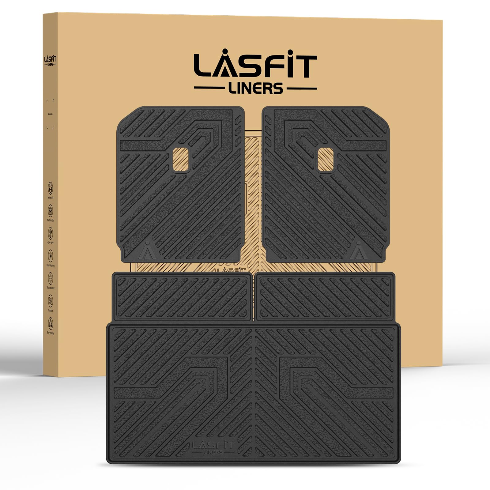 LASFIT Trunk Mat & Backrest Mats for Rivian R1S 2025 2024 2023 2022, All Weather TPE Custom Fit Cargo Liner for R1S Cargo Mat, Black, Easy to Clean