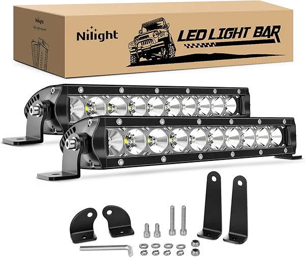 Nilight 2PCS 11 Inch 50W Super Slim Flood Led Light Bar 5000LM Driving Fog Light Single Row Off Road led Lights for Jeep - 2 Style Mounting Brackets, 2 years Warranty