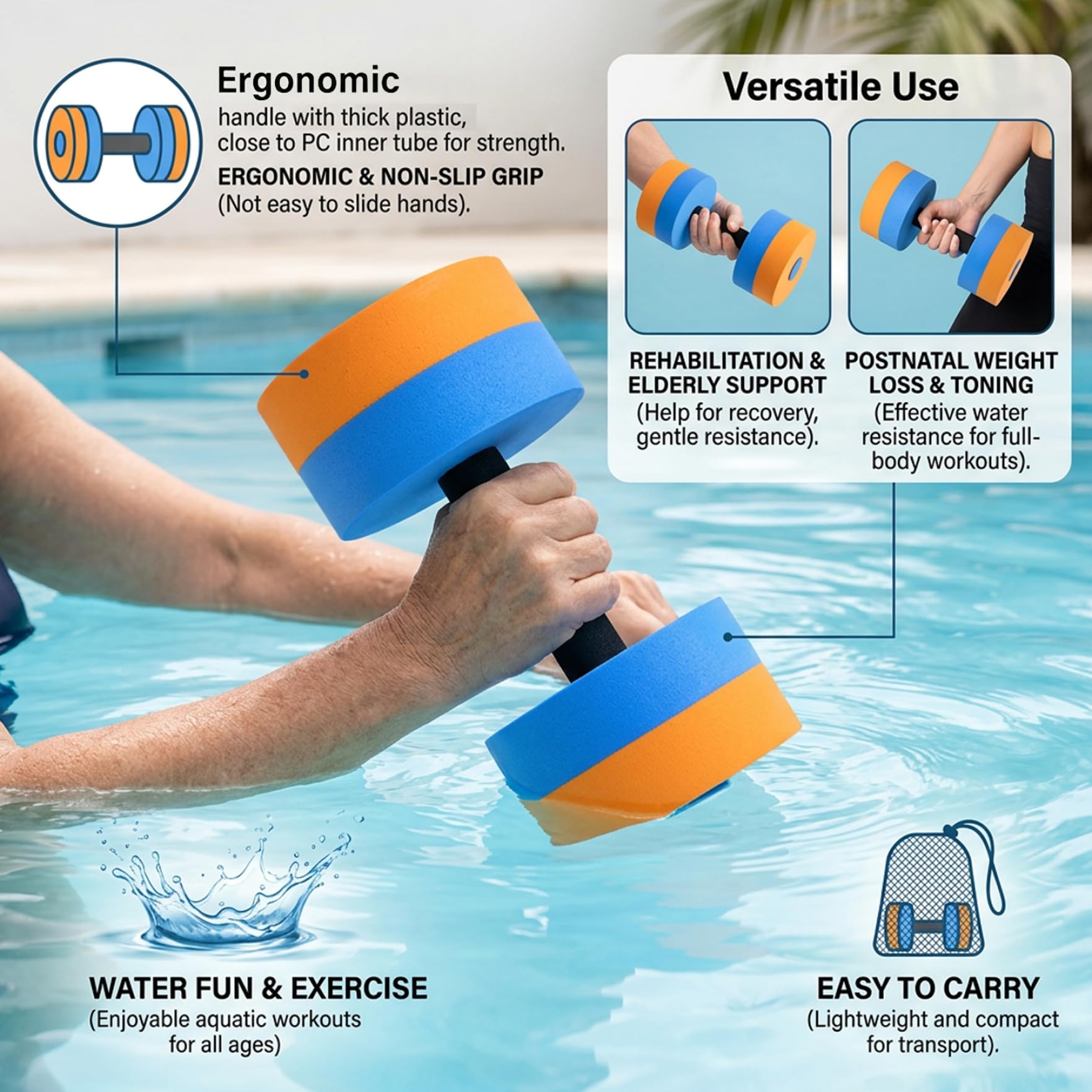Set di 2 manubri per Acqua, Pesi Acquatici in Schiuma Eva Ecologica per Esercizi di Aerobica in Piscina